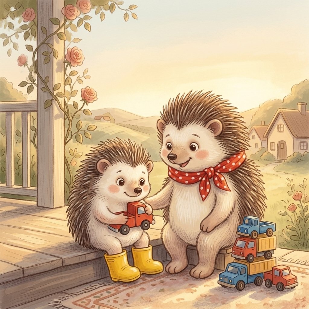 Two hedgehog siblings playing with toy trucks